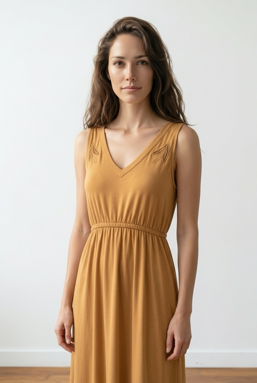 Robe longue camel à broderies feuillage